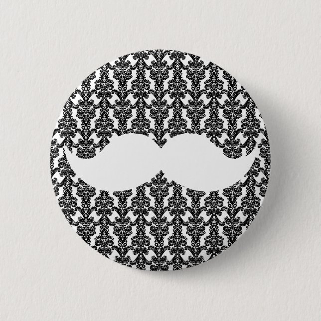 Weißes Handlebar Mustache auf schwarzem Damasepapi Button (Vorderseite)