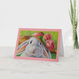 Weißes Häschen im Frühlingshäubchen Aquarell Kunst Karte