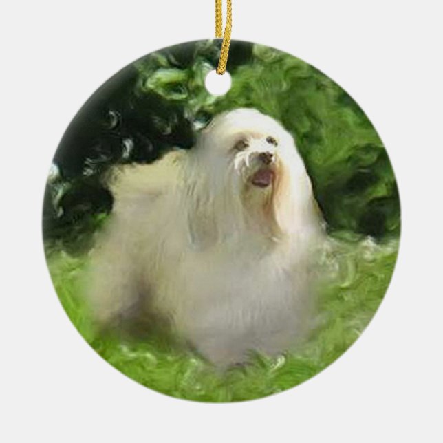 Weißes Havanese auf Porzellan Keramik Ornament (Vorne)