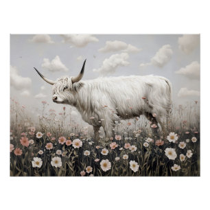 Weißes Hochland Kuh Rosa Wildblumen Malerei Poster
