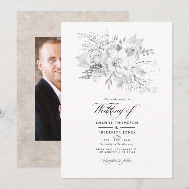 Weißes Hochzeitfloral-Foto Einladung (Vorne/Hinten)