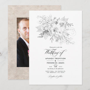 Weißes Hochzeitfloral-Foto Einladung