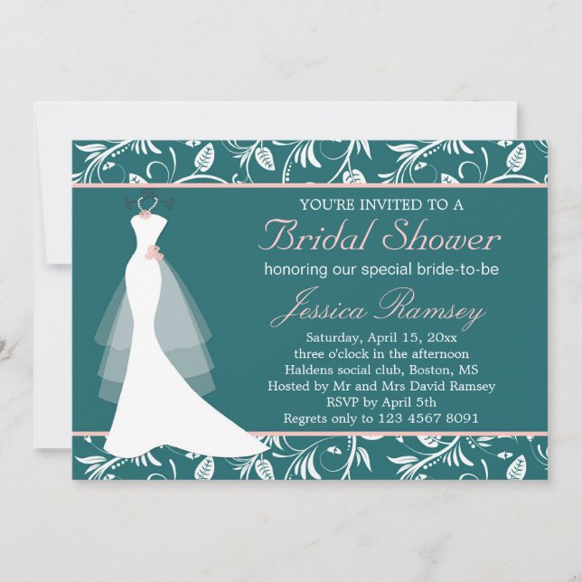 Weißes Hochzeitskleid, aquamarine Einladung (Vorderseite)
