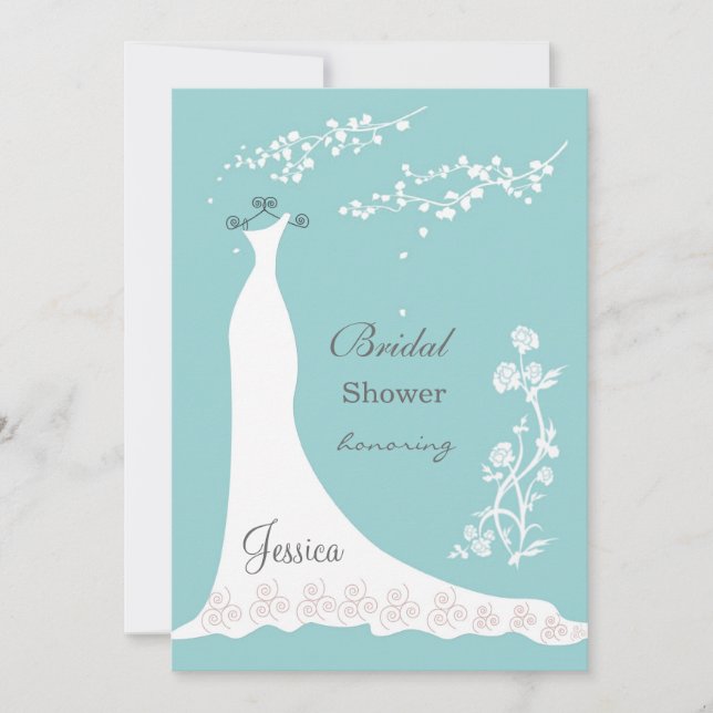 Weißes Hochzeitskleid auf Aquamarine Brautparty Einladung (Vorderseite)