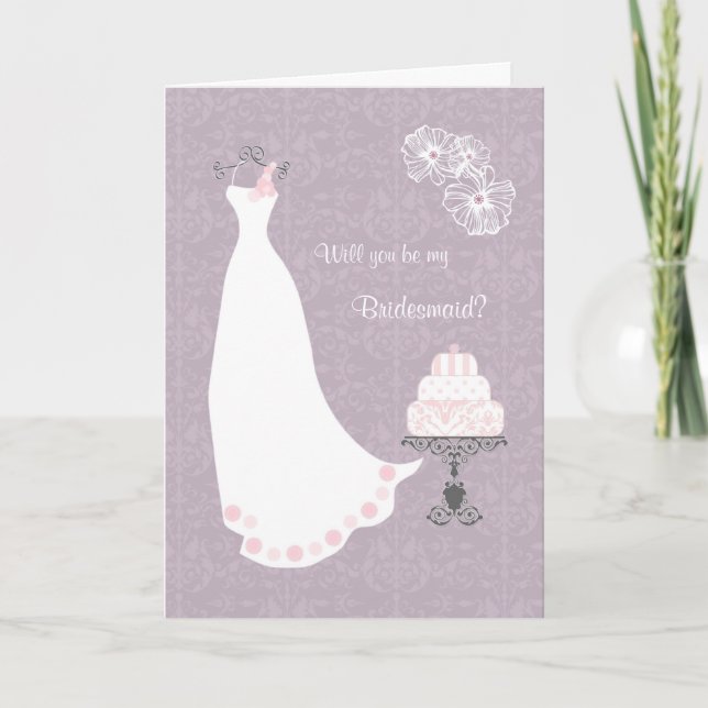 Weißes Hochzeitskleid auf lila Bridesmaid Einladung (Vorderseite)