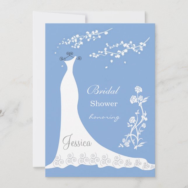 Weißes Hochzeitskleid, Blüte auf blauem Brautparty Einladung (Vorderseite)