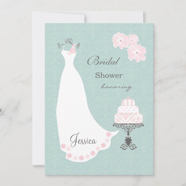 Weißes Hochzeitskleid, Kuchen auf Aqua Brautparty Einladung (Vorderseite)