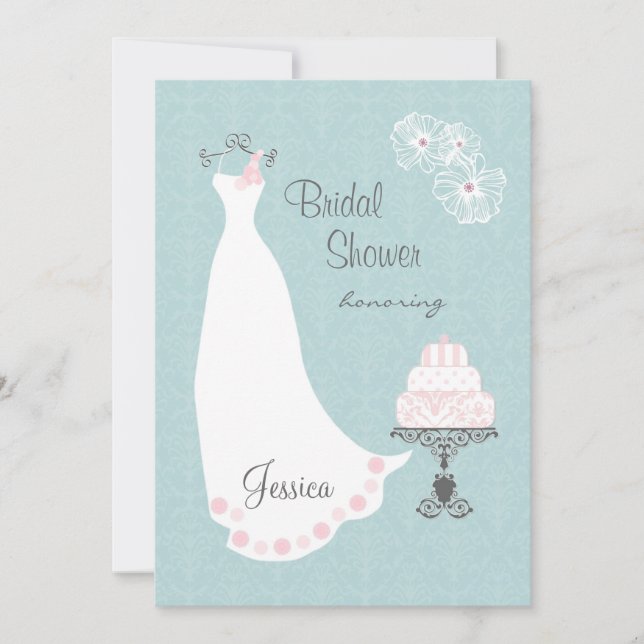 Weißes Hochzeitskleid- und -kuchen Brautparty Einladung (Vorderseite)