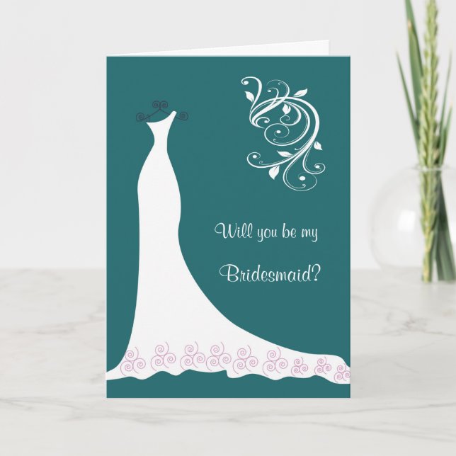 Weißes Hochzeitskleid, Wirbel auf aquamariner Brau Einladung (Vorderseite)