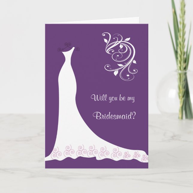 Weißes Hochzeitskleid, Wirbel auf lila Brautjungfr Einladung (Vorderseite)