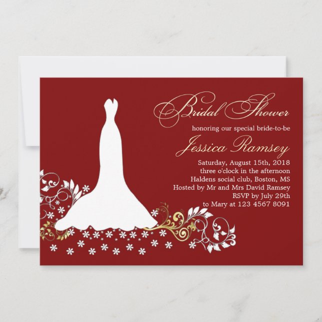Weißes Hochzeitskleid, Wirbel auf rotem Brautparty Einladung (Vorderseite)