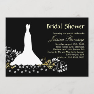 Weißes Hochzeitskleid, Wirbel auf schwarzem Brautp Einladung