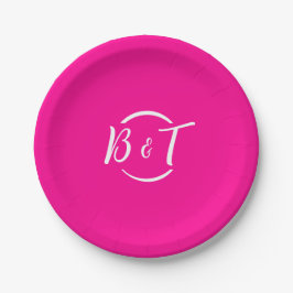 Weißes Hochzeitsmonogramm (Hot Pink White Wedgram) Pappteller