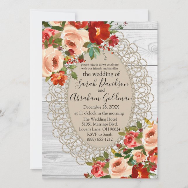 Weißes Holz Spitzen Rote Blume Rose Rustikale Hoch Einladung (Vorderseite)