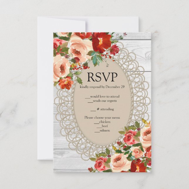 Weißes Holz Spitzen Rote Blume Rose Rustikale UAWG RSVP Karte (Vorderseite)