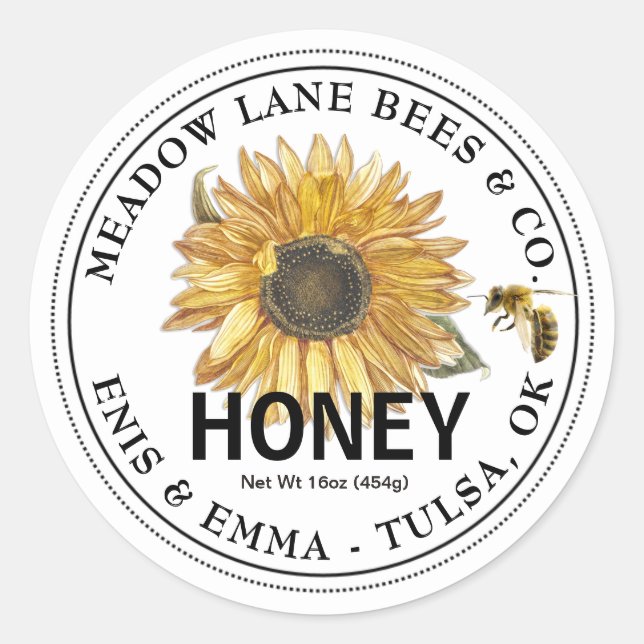 Weißes Honiglabel mit Sonnenblumen und Honigbienen Runder Aufkleber (Vorderseite)
