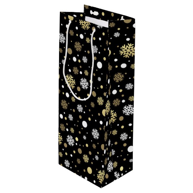 Weißes Imitat Gold Snowflakes Punkt auf Schwarz Geschenktüte Für Weinflaschen (Vorderseite Schrägansicht)