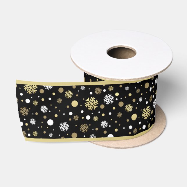 Weißes Imitat Gold Snowflakes Punkt auf Schwarz Satinband (Spule)