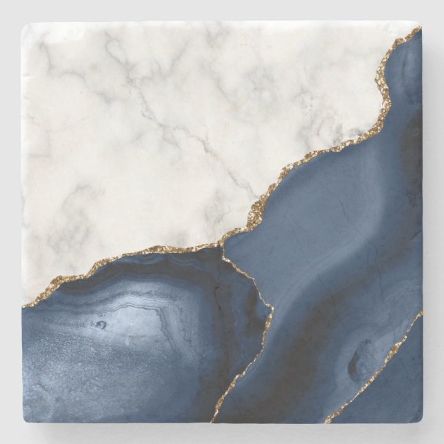 Weißes Imitat Marble Gilded Navy Blue Agate Steinuntersetzer (Vorderseite)