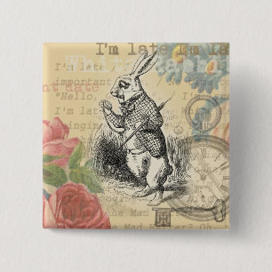 Weißes Kaninchen Alice Abenteuer Wunderland Kunst Button