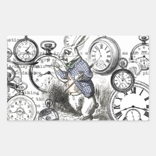 Weißes Kaninchen Alice im Wunderland Uhren Kunst Rechteckiger Aufkleber