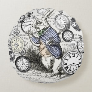 Weißes Kaninchen Alice im Wunderland Uhren Kunst Rundes Kissen