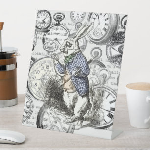 Weißes Kaninchen Alice im Wunderland Uhren Kunst Sockelschild