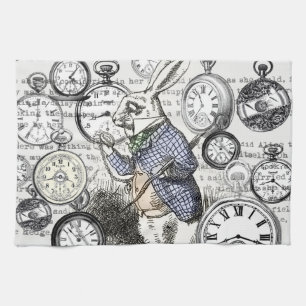 Weißes Kaninchen Alice Wunderland Uhren Kunst Geschirrtuch