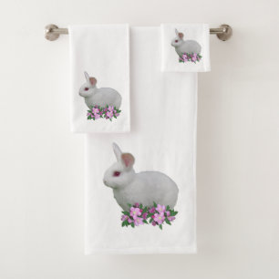 Weißes Kaninchen & Apfelblüten auf Weiß Badhandtuch Set