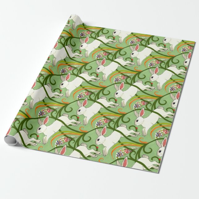 Weißes Kaninchen auf grüner geteerter Wohngestaltu Geschenkpapier (Ungerollt)