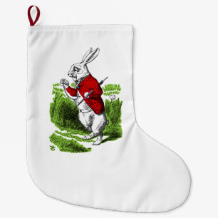 Weißes Kaninchen beim Blick auf die Uhr. Illustrat Großer Weihnachtsstrumpf