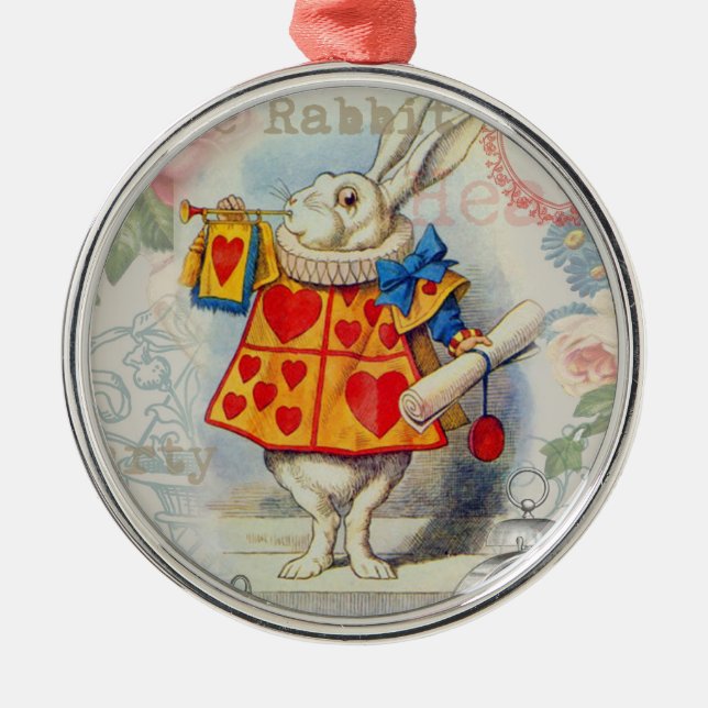 Weißes Kaninchen Herz Alice Classic Silbernes Ornament (Vorne)