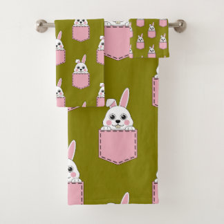 Weißes Kaninchen im rosa Taschenmuster Badhandtuch Set