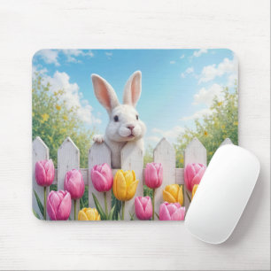 Weißes Kaninchen in einem Tulpen Garten Mousepad