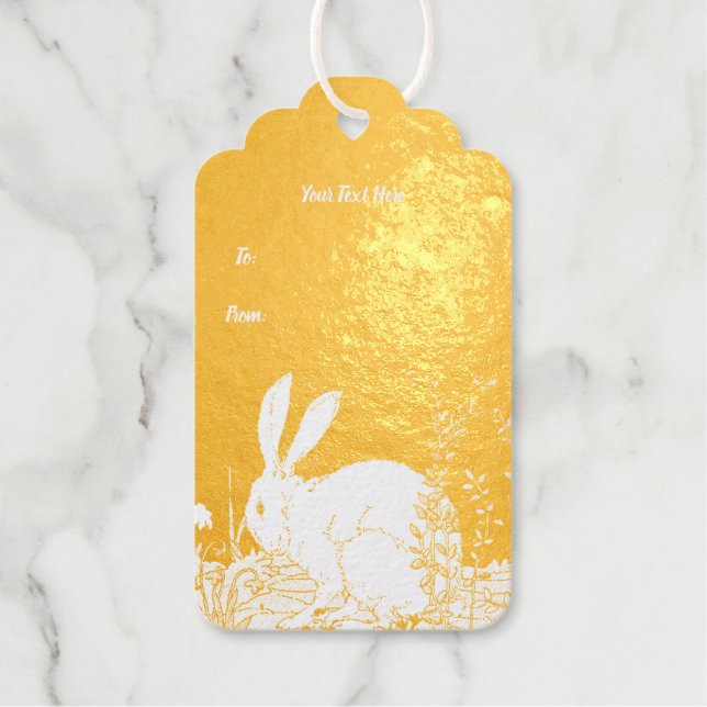 Weißes Kaninchen in großen Blume auf Gold Geschenkanhänger (Vorderseite)