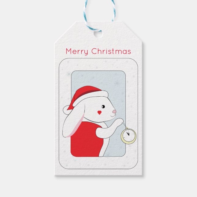 Weißes Kaninchen in Weihnachtsmannmütze Geschenkanhänger (Vorderseite)