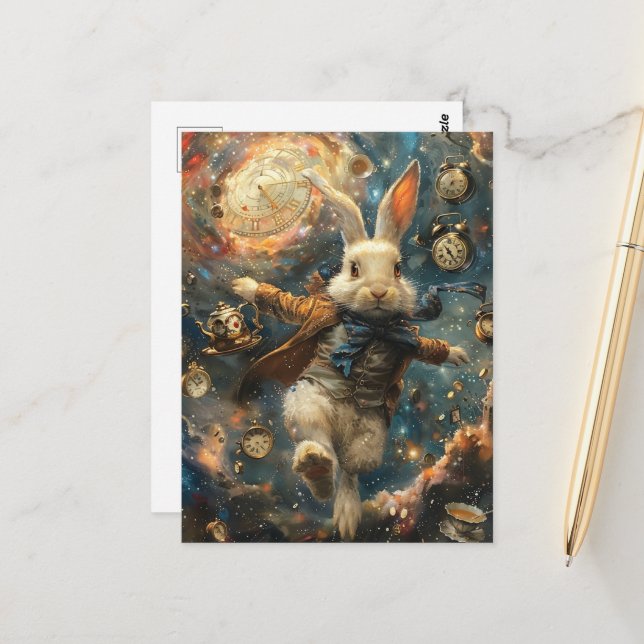 Weißes Kaninchen läuft spät Postkarte (Vorderseite/Rückseite Beispiel)