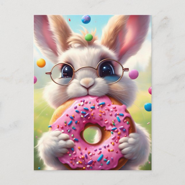 Weißes Kaninchen mit Donut Postkarte (Vorderseite)