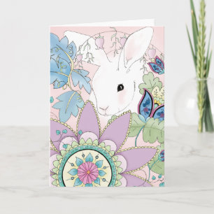 Weißes Kaninchen, rosa Blumengruß-Karte Karte