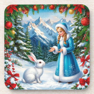 Weißes Kaninchen und Schneemädchen im winterlichen Getränkeuntersetzer