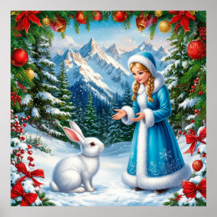 Weißes Kaninchen und Schneemädchen im winterlichen Poster