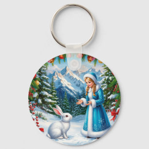 Weißes Kaninchen und Schneemädchen im winterlichen Schlüsselanhänger