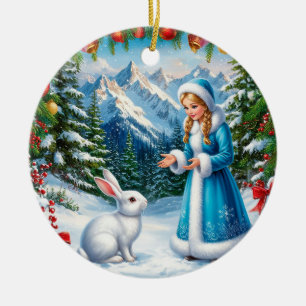 Weißes Kaninchen und Schneemeister im Winterwald Keramik Ornament