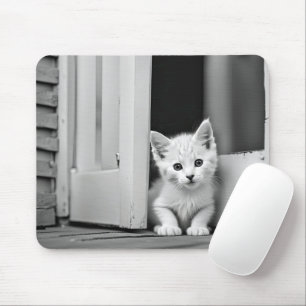 Weißes Kätzchen in der Tür Mousepad