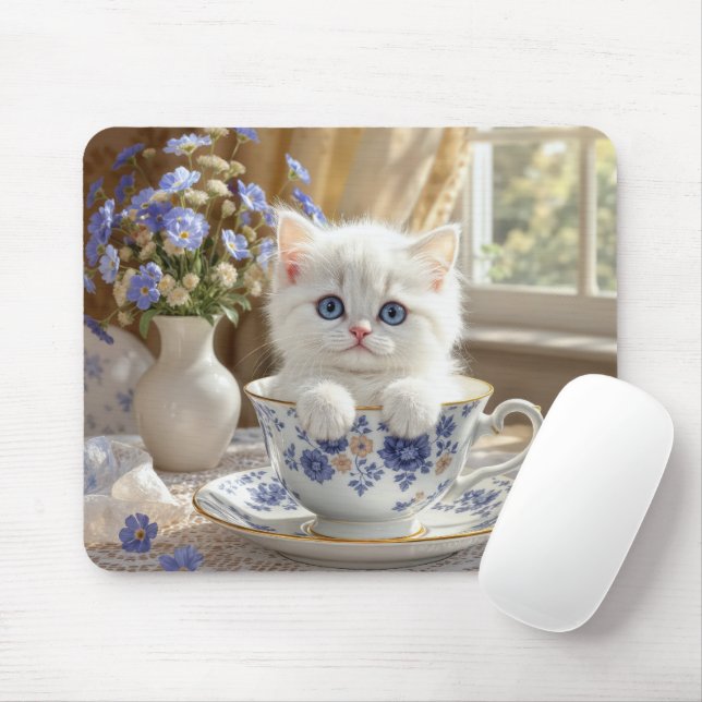 Weißes Kätzchen in einem Teacup Mousepad (Mit Mouse)