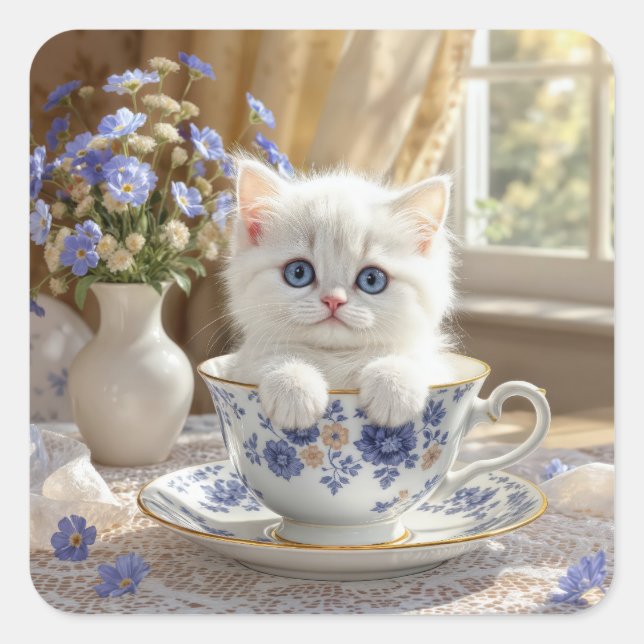 Weißes Kätzchen in einem Teacup Quadratischer Aufkleber (Vorderseite)
