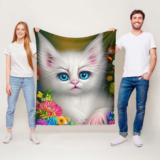 Weißes Kätzchen mit Blume Fleecedecke (Beispiel)