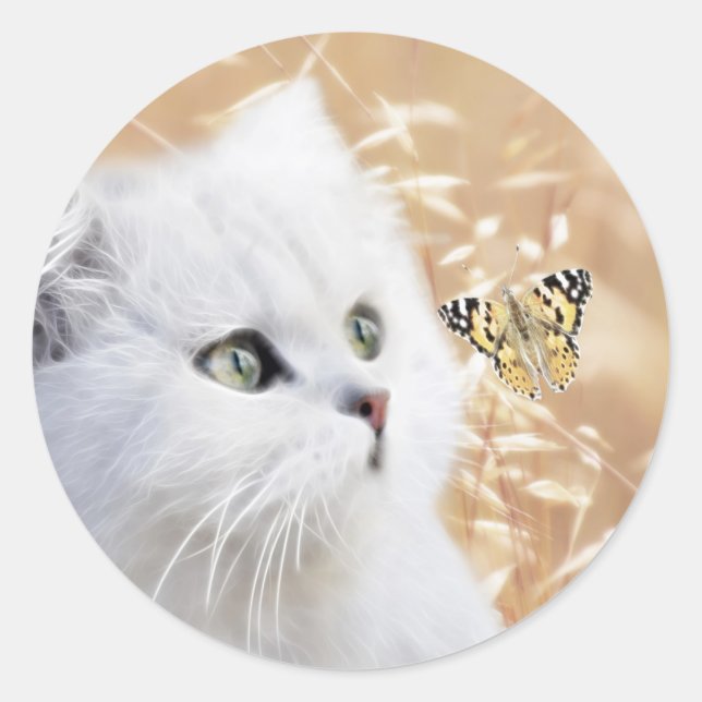 Weißes Kätzchen und Schmetterling Runder Aufkleber (Vorderseite)