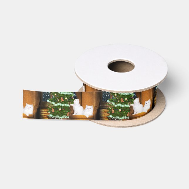 Weißes Katze Weihnachten Satinband (Spule)