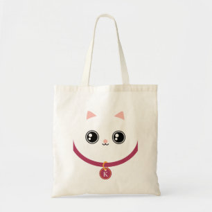 Weißes Kawaii Kitty-Katzen-Gesichts-Name-Monogramm Tragetasche